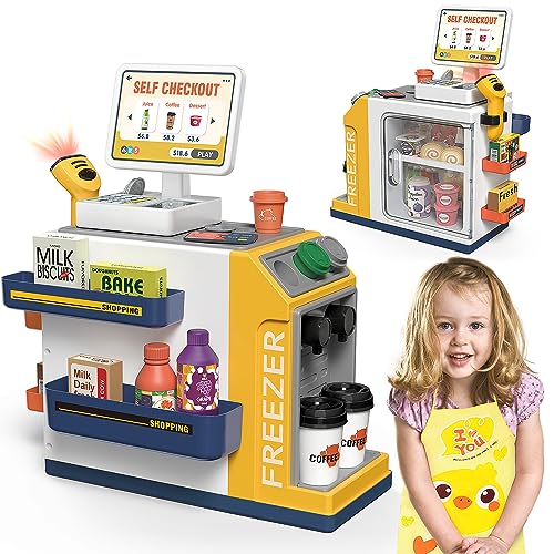 Fegalop 47PCS Kassenspielset für Kinder Pretend Play Mini Supermarkt Kassierer Lebensmittelgeschäft mit Geld, Scanner, Kaffeemaschine, Kreditkarte und Spielnahrung, Geschenk für Kleinkind Jungen von Fegalop