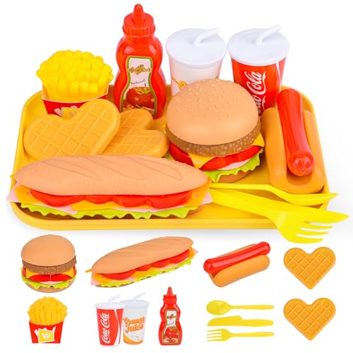 Spielzeug-Essens-Set für Kinder, abnehmbares Fast Food, 11 Stück, Hamburger, Hotdog, Pommes Frites, mit Tablett von Fegalop