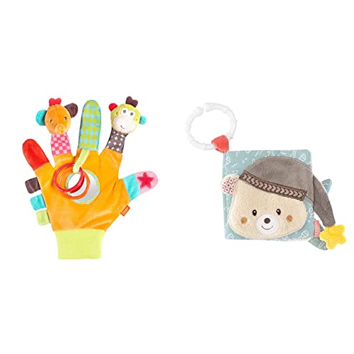 Fehn Spielhandschuh Safari – Fingerpuppen Baby Spielzeug Affe und Elefant zum Greifen und Geräusche erzeugen & Soft Bilderbuch Bruno – Baby Fühlbuch aus Stoff mit Tier Motiven von Fehn