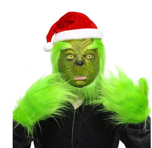 Fehodun 3 Teiliges Grinch Maske Weihnachten Grün Maske Grinch Grün Gesichtsmaske mit Weihnachtsmütze und Handschuhen Halloween Gruselige Latex Vollkopfmaske Kostüm von Fehodun