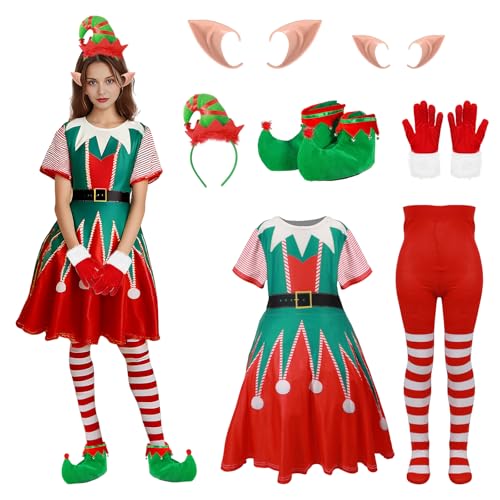 Fehodun 7 Pcs Weihnachts Kostüm Set für Damen Hässliches Weihnachtskleid Weihnachtselfen Kostüm mit Elfenohren Mütze Schuhen Handschuhen Kleid Strumpf rot-grünes Aufdruckkleid Weihnachtsparty Kostüm von Fehodun