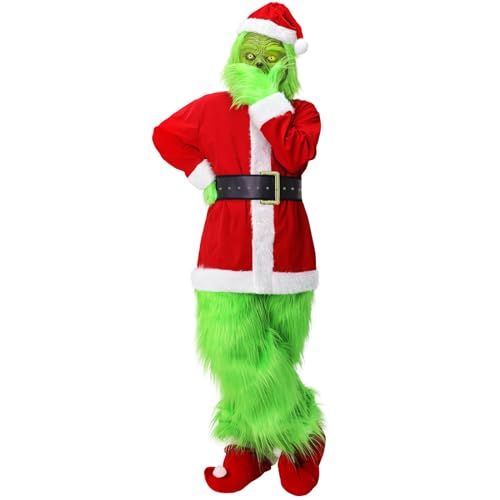 Fehodun 7 Teiliges Grinch Weihnachtskostüm,Grinch Kostüm für Erwachsene Grünes Monster Kostü Halloween Weihnachten Kostüm Cosplay Requisiten (L) von Fehodun