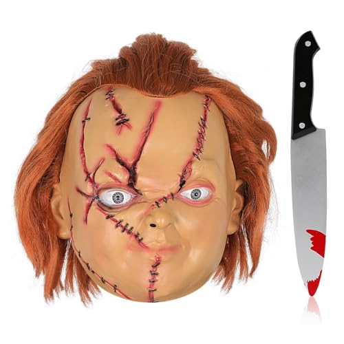 Fehodun Chucky Maske mit Haaren und Messer Gruselige Chucky Vollkopf Maske Halloween Tötungs Maske Realistische Cosplay Maske für Erwachsene und Kinder von Fehodun