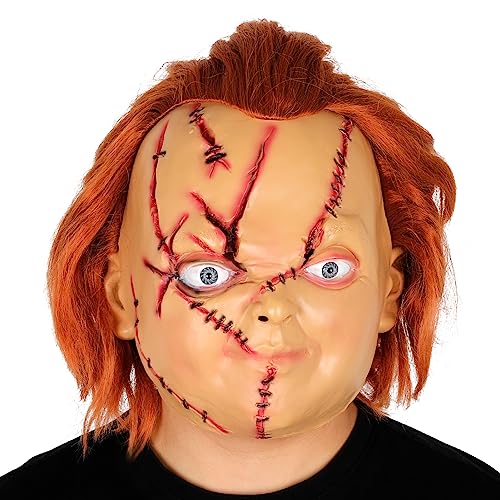 Fehodun Chucky Maske mit Haaren und Messer Gruselige Chucky Vollkopf Maske Halloween Tötungs Maske Realistische Cosplay Maske für Erwachsene und Kinder von Fehodun