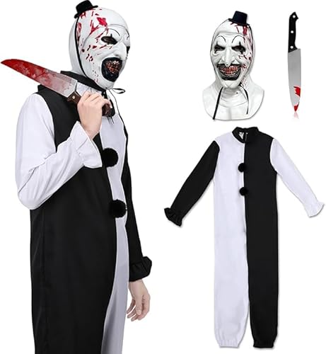 Fehodun Erwachsene Terrifier Kostüm Art The Clown Kostüm Killer Clown Kostüm mit Horror Maske und Messer Halloween Grusel Cosplay Kostüm Props von Fehodun