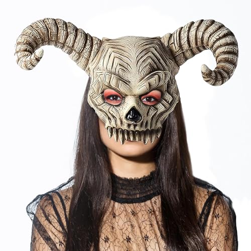 Fehodun Erwachsene Ziege Maske Halloween Ochse Widder Hörner Maske Gruseliges Schaf Schädel Halbgesicht Maske Teufel Antilope Cosplay Kostüm Requisiten Tier Maskerade von Fehodun