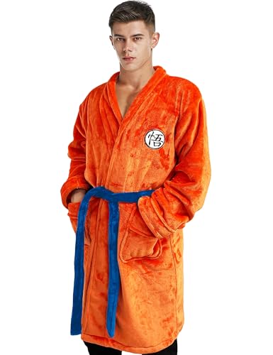 Fehodun Goku Kostüm Anime Go Schriftzeichen Pyjama Bademantel Set Plüsch Robe Unisex Pyjamas Halloween Cosplay Orangener Kostüm Erwachsene von Fehodun