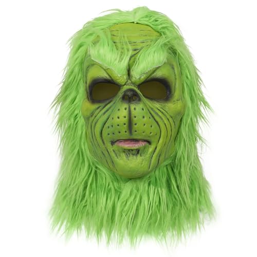 Fehodun Grinch Maske Weihnachten Grinch Latex Maske Gruselige Monster Kopfmaske mit grünem Pelzfe Cosplay Kostüm Requisiten für Erwachsene von Fehodun