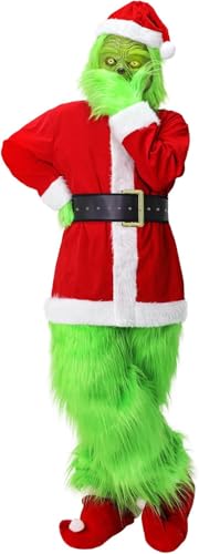 Fehodun Grinch Weihnachtskostüm,Grünes großes Monster Kostüm für Erwachsene und Kinder 7er Cosplay Requisiten Weihnachten Grinch Kostüm (Large) von Fehodun