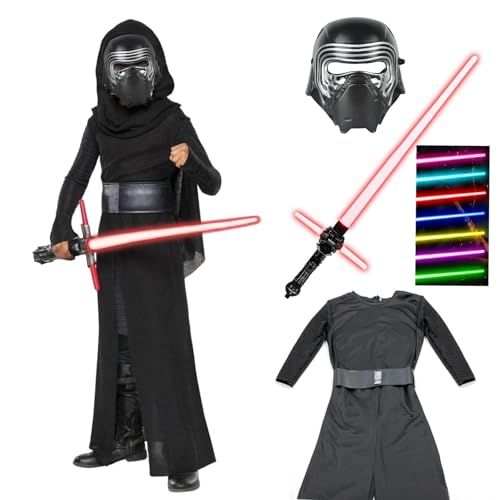 Fehodun Kind Kylo Ren Outfits Premium Jedi Tunika Kostüm mit Helm Lichtschwert Force Awakens Overall SW Halloween Black Serier Cosplay Outfits von Fehodun