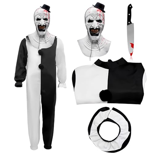 Fehodun Kinder Art The Clown Kostüm Terrifier Killer Clown Kostüm mit Maske und Messer Schreckgespenst Kostüm Weiß Schwarz Jumpsuit Bodysuit Halloween Grusel Outfit von Fehodun