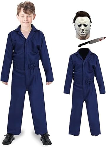 Fehodun Kinder Michael Myers Kostüme Horror Killer Outfit Gruseliges Overall Kostüm mit Mask Toyknife Helloween Cosplay Props von Fehodun