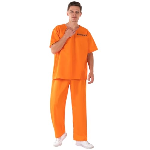 Fehodun Orange Sträfling Kostüm Häftling Kostüm Unisex Erwachsene Knast Kostüm Overall Prisoner Kostüm Halloween, Karneval, Fasching Kostüm von Fehodun