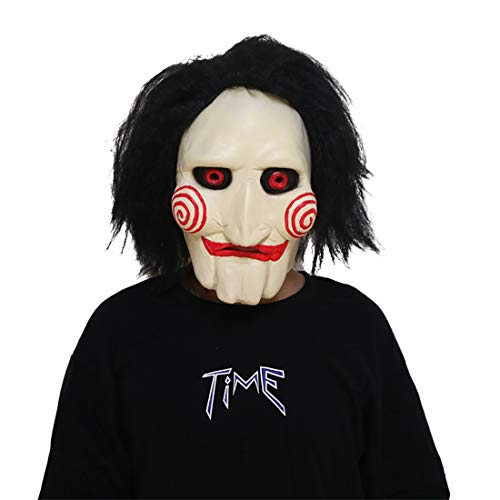 Fehodun Saw Maske Horror Puppen Maske Clown Killer Billy Maske Gruselige Puzzle Maske mit langen Haaren Halloween Gruselige Dämonenrequisiten für Erwachsene von Fehodun