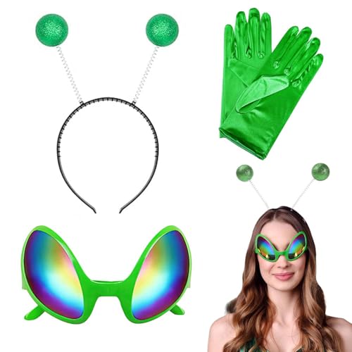 3 Stück Alien Kostüm, Alien Stirnband Und Alien Brille Handschuhe, Kostüm Alien Für Partys Und Karneval, Alien Accessoires, Alien Kostüm Damen, Herren, Kinder, Atmosphäre und Foto-Requisiten（Grün） von FeiOne