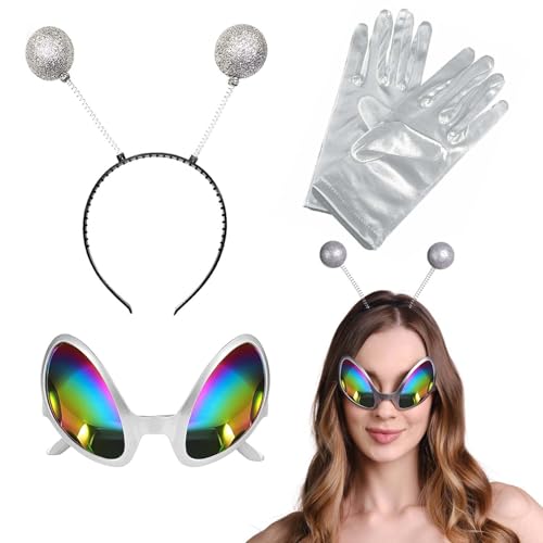 3 Stück Alien Kostüm, Alien Stirnband Und Alien Brille Handschuhe, Kostüm Alien Für Partys Und Karneval, Alien Accessoires, Alien Kostüm Damen, Herren, Kinder, Atmosphäre und Foto-Requisiten（Silber） von FeiOne