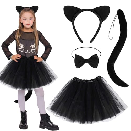 FeiOne Katzenkostüm Kinder, 4-teiliges Set, Katzenohren, Katzenschwanz, Ballettrock, Kragen, Kostüm für Mädchen, Karneval, Halloween von FeiOne