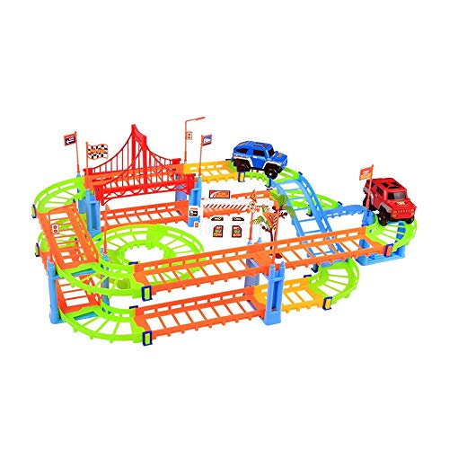 FeiWen Auto Rennstrecken DIY Elektrisches Rennenbahn Spielzeug Zusammenbauen 73Pcs Kit Spielzeugauto für Kinder ab 4 Jahren von FeiWen