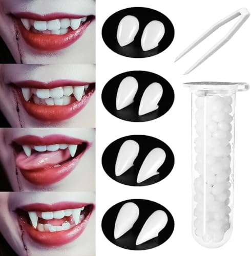 Feiyayi 8 Paar Vampir Zähne 4 Größen Vampir Fangs Kit Halloween Vampire Zähne Gefälschte Zahnersatz mit 1 Rohr Pellets Klebstoff für Cosplay Party Requisiten Halloween (Weiß) von Feiyayi