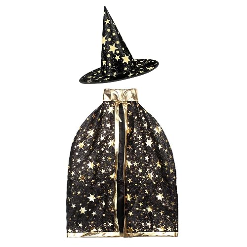 Feiyayi Kinder Halloween Kostüm,Hexe Zauberer Umhang für Kinder,Halloween Zauberer Umhang mit Hut für Halloween Kostüm Partys, Cosplay, Bühnenauftritte, Kostümzubehör (Schwarz) von Feiyayi