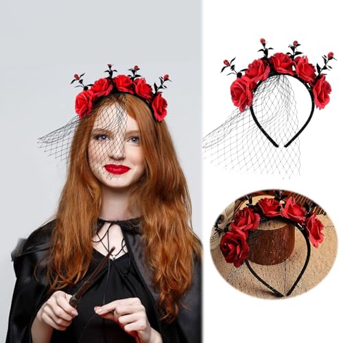 Flache Haarspangen Halloween Rose Mesh Stirnband Festival Leistung Party Stirnband Dark Kranz Stirnband Haar Zubehör (Red, 17x17cm) von Feizikaw