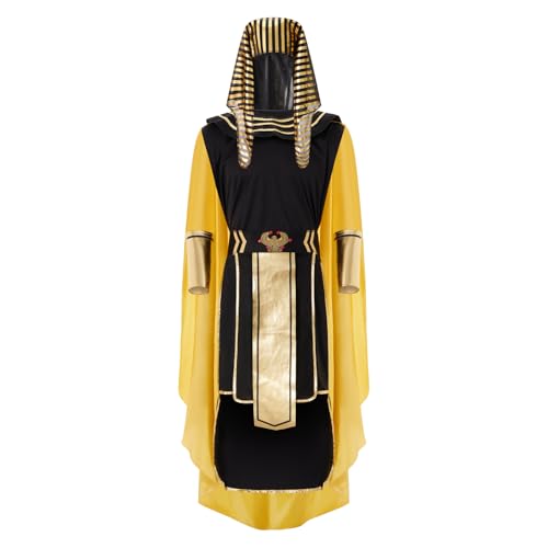 Ägyptisches Halloween-Kostüm für Herren, Deluxe-Pharaon-Kostüm, antiker König von Ägypten, Robe, Armärmel, Kopfbedeckung, Halskette, Outfit für Cosplay-Kostüm (A-Schwarz, XL) von Felcia