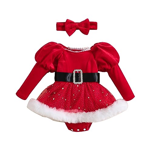 Baby Mädchen Mrs Claus Verkleidung Weihnachten Niedlich Langarm Strampler Kleid mit Stirnband Xmas Cosplay Kostüm (F-Red, 12-18 Monate) von Felcia