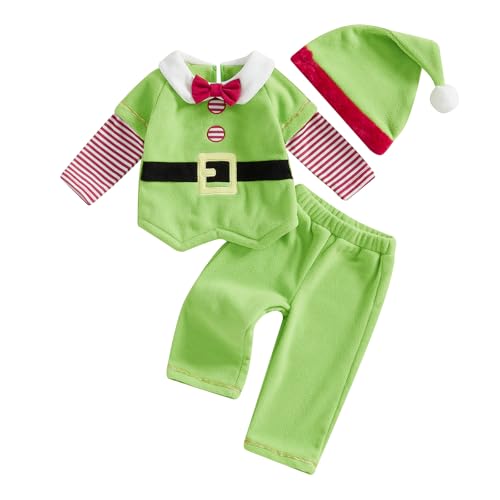 Baby-Weihnachtsoutfit für Jungen und Mädchen, niedlich, langärmelig, Samt, Plüschjacke, Mantel + Hose + Mütze, Kleinkind, Weihnachtsmann, Cosplay-Kostüme (C-Grün, 12-18 Monate) von Felcia