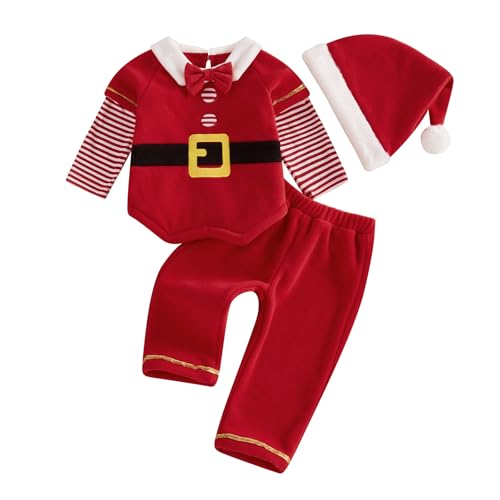 Baby-Weihnachtsoutfit für Jungen und Mädchen, niedlich, langärmelig, Samt, Plüschjacke, Mantel + Hose + Mütze, Kleinkind, Weihnachtsmann, Cosplay-Kostüme (C-Red, 12-18 Monate) von Felcia