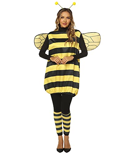 Bienen-Cosplay-Kostüm-Set für Erwachsene, Uni, Bienenkleid mit Flügeln, Stirnband, Beinärmeln für Halloween-Party-Zubehör (Gelb, Erwachsene, L) von Felcia