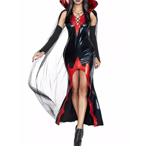 Damen Halloween Vampir Kostüm Deluxe Langes Boydcon Kleid mit Umhang Arm Ärmel Set Cosplay Outfits (A-Schwarz, L) von Felcia