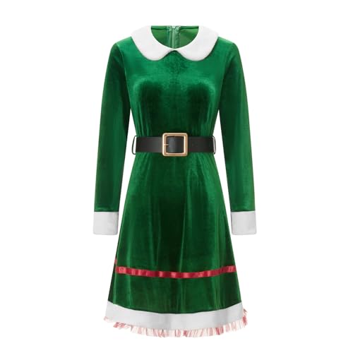 Damen Weihnachten Elfe Cosplay Kostüm Langarm Samt Minikleid mit Gürtel Cosplay Verkleidung Xmas Outfit (A-Grün, L) von Felcia