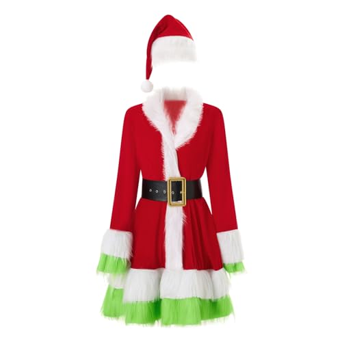 Damen Weihnachtsmann Cosplay Kostüm Pelzbesatz Langarm Minikleid mit Gürtel Hut Weihnachten Monster Kostüm (A-Red Green, L) von Felcia