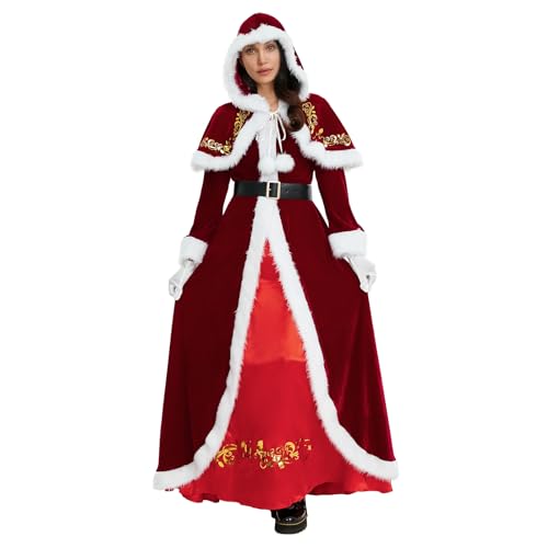 Deluxe Ms Claus Kostüm Elegant Plüsch Trim Patchwork Santa Claus Long Dress Xmas Outfit für Party Cosplay (B-Red, L) von Felcia