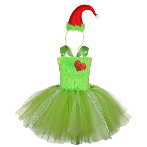 Elfenkostüm für Mädchen, Deluxe-Herz-Tüllkleid mit Elfen-Stirnband, Set, Weihnachten, Cosplay, Outfits für Urlaub, Grün, 5-6 Jahre von Felcia