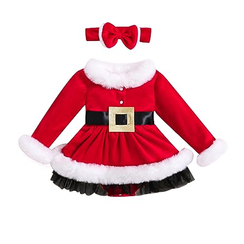 Felcia Baby Mädchen Mrs Claus Verkleidung Weihnachten Niedlich Langarm Strampler Kleid mit Stirnband Xmas Cosplay Kostüm (P-Red, 12-18 Monate) von Felcia