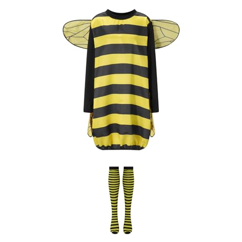 Felcia Bienenkostüm für Damen, Halloween, langärmelig, gestreiftes Kleid mit Flügeln, Stirnband, kniehohe Socken, Anzug für Cosplay, Motto-Party, Verkleidung (A-Gelb, XXL) von Felcia