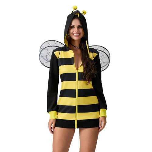 Felcia Bienenkostüm für Damen, langärmelig, mit Kapuze, Minikleid mit Flügeln, Set, Bienenkönigin, Motto-Party, Cosplay-Kostüm (A-Gelb, M) von Felcia