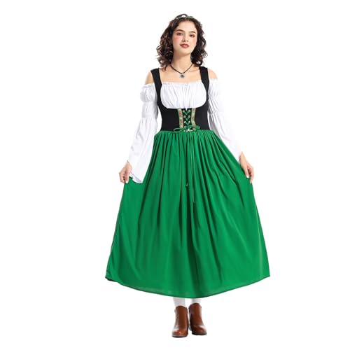 Felcia Damen Dienstmädchenkleid, Cosplay-Kostüm, langärmelig, kalte Schulter, Patchwork, langes Kleid mit Haarschal, Outfit für Maskerade (A-Grün, M) von Felcia