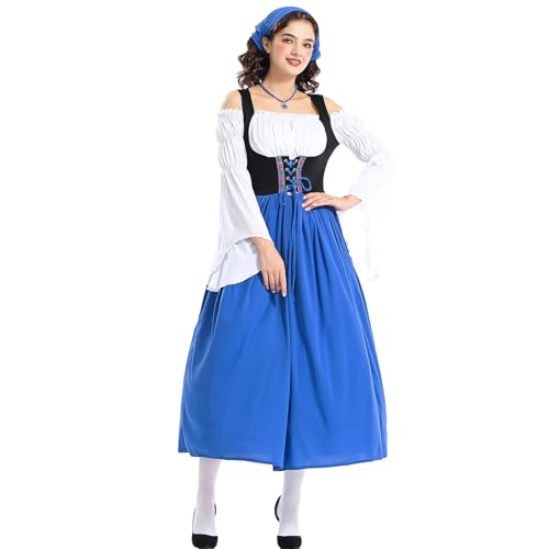 Felcia Damen Dienstmädchenkleid Cosplay Kostüm Langarm Kalte Schulter Patchwork Langes Kleid mit Haarschal Outfit für Maskerade (A-Blue, L) von Felcia