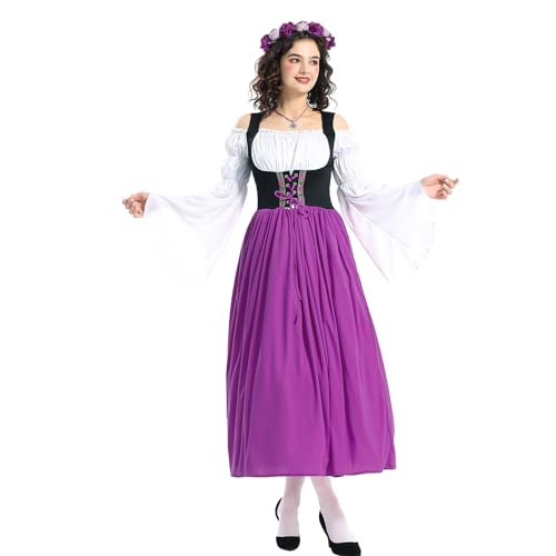 Felcia Damen Dienstmädchenkleid Cosplay Kostüm Langarm Kalte Schulter Patchwork Langes Kleid mit Haarschal Outfit für Maskerade (A-Lila, L) von Felcia