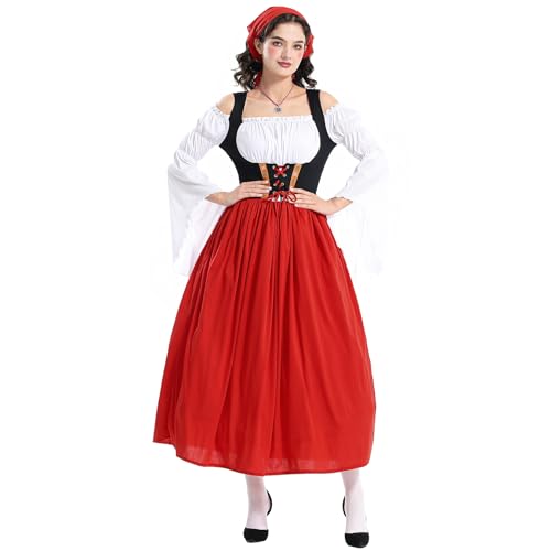 Felcia Damen Dienstmädchenkleid Cosplay Kostüm Langarm Kalte Schulter Patchwork Langes Kleid mit Haarschal Outfit für Maskerade (A-Red, L) von Felcia