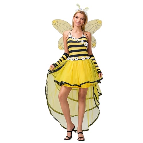 Felcia Damen Halloween Bienenkönigin Kostüm Hummel Kleid mit Flügeln Stirnband Arm Ärmel Outfit Cosplay Mottoparty Faschingskostüm (A-Gelb, L) von Felcia