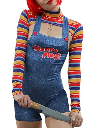 Felcia Damen Halloween Chucky Kostüm Buchstabendruck Gruseliger Alptraum Killer Puppe Wanna Play Movie Character Bodysuit (A-Blue, M) von Felcia