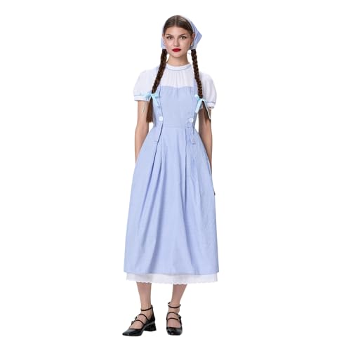 Felcia Damen Halloween Cosplay Kostüm Elegant Gefälschte Zweiteilige Gingham Langes Kleid mit Stirnband Kopftuch für Bühnenauftritte (A-Blue, L) von Felcia