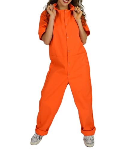 Felcia Damen Halloween Häftling Kostüm Brief Druck Kurzarm Jumpsuit Lustige Cosplay Kleidung (A-Orange, S) von Felcia