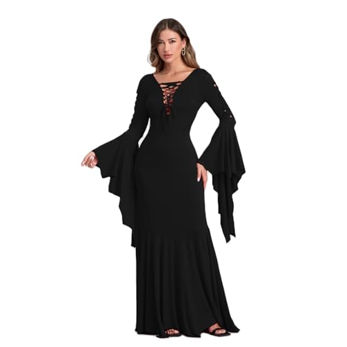 Felcia Damen Halloween Hexenkostüm Gothic Fledermausärmel Schnürung Bodycon Maxikleid Mittelalter Vampir Cosplay Outfits für Karneval Party (A-Schwarz, XL) von Felcia