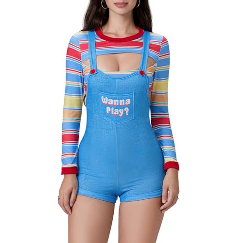 Felcia Damen Halloween Killerpuppe Kostüm Gestreift Langarm Vorne Hohl Slim Fit Crop Top mit Bodysuit Chucky Kostüm für Cosplay Party (A-Blue, L) von Felcia