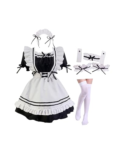 Felcia Damen Halloween Maid Kostüme Dienstmädchen Kleid mit Schürze Armbänder Strümpfe Cosplay Maskerade Party Outfits (Weißer Strumpf, XXL) von Felcia