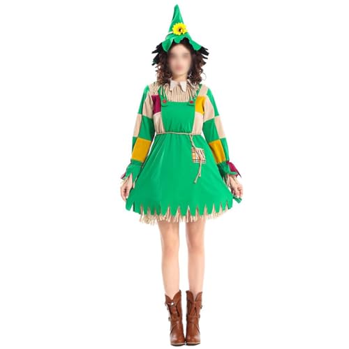 Felcia Damen Halloween Vogelscheuche Cosplay Kostüm Elegant Gefälschte Zweiteilige Minikleid mit Hut für Karneval Mottoparty Bühnenaufführung (A-Grün, S) von Felcia